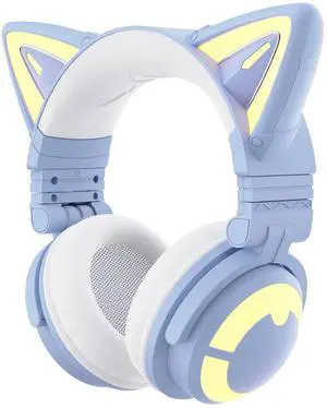 YOWU Cat Ear Headphones CE, Wired/Wireless Blue Gaming Headsets with Seamless Live Sound Experience for PC/PE/Switch/PS4/PS5, Built-in Mic & Customizable RGB Light Effect for Anime Lovers