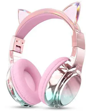 QearFun Kids Cat Ear Bluetooth Headphones, 60H Playtime, 3-Level 74/85/94dB Safe Volume Limit, Wireless Headset with Mic for Girls, Bluetooth 5.3, Foldable for School/Travel/Tablet - Pink
