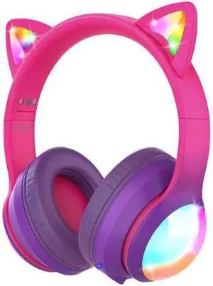 FosPower Kids Bluetooth 5.2 Headphones with LED Cat Ears (85/94dB Volume Limit & 100H Play Time) Foldable Wireless/Wired Headset with 3.5mm Cable for School/Travel - Hot Pink/Purple