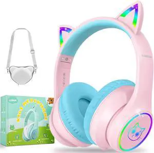 LOBKIN Kids Bluetooth Headphones,Over Ear Kids Headphones Wireless with Mic 50H Playtime Colorful LED Lights AUX Cord 94dB Safe Volume Limited Foldable Design for Boy Girl Travel/School/iPad