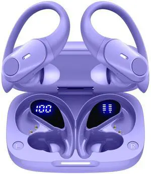 GOLREX Active Noise Cancelling Ear Buds Bluetooth Headphones Wireless Earbuds with 80H Wireless Charging Case & LED Display, Over-Ear Hooks Earphones Bass Earbud for Sports Running Gym Workout Purple