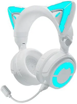 YOWU Cat Ear Headphones 4GS - RGB Gaming Headset with Mic & 2.4G USB/Type C Dongle for PC/PS4/PS5/XBOX/Switch, Wired/Wireless Bluetooth Headphones(White)