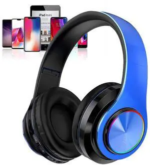 Kids Bluetooth Over Ear Headphones, Colorful LED Lights Headphones with Built-in Mic, Bluetooth 5.0, Wired and Wireless Foldable Stereo Headphones for Classroom/Home Office/Tablet/Airplane(Blue)