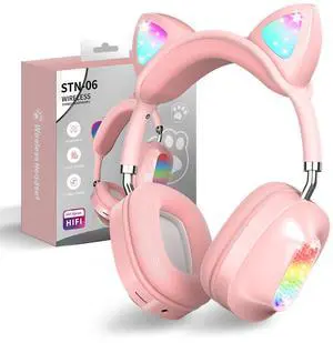 auvstar Cat Ear Kids Bluetooth Headphones, LED Light Up Kids Wireless Headphone, Bluetooth 5.0&Stereo Sound, Adjustable Headband,Children Earphones with Microphone for School/Tablet (Pink)