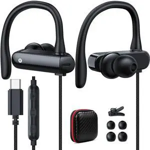 USB C Sport Headphones Over Ear Hook Wired Earbuds Kids with Loop Mic for Samsung Galaxy Z Fold7 Flip7 FE S25 Ultra S24 S23, Open Ear Type C Earphones Running Headset for iPhone 16E 16 15 Pro Max Plus
