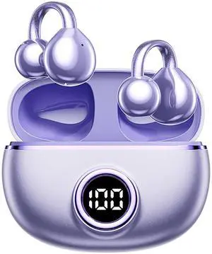 QJF Clip on Earbuds, Open Ear Wireless Bluetooth 5.4 Air Conduction Headphones with Mic, Waterproof,Sports Ear Buds,Comfortable for Small Ears, Glasses Wearers,Workouts (Purple)