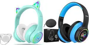 LOBKIN Bluetooth 5.3 Kids Headphones with Case - RGB LED Light Up Cat Ears Foldable Adjustable Over Ear Headphone Support Wireless or 3.5mm Wired Mode for Toddler & Girls & Boys Teens