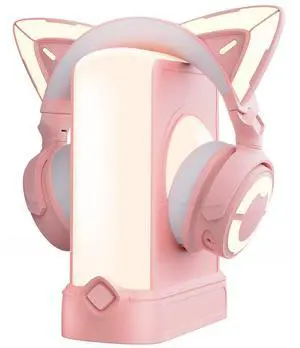 YOWU RGB Pink Cat Ear Headphones 4 and Crystal Headphone Stand,Accessories for The Ultimate Experience