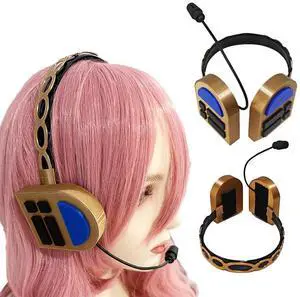 Anime Role Cosplay Headwear 3D Printed Decorative Headphones with Microphone Gold and Blue Nonfunctional Headgear