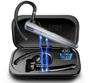 ICOMTOFIT Bluetooth Headset with Microphone, Wireless Earpiece with Charging Case for Cellphones, PC, Single Ear Headset with Mute for Trucker Driver, Remote Work, Skype, Zoom, Teams, Call Center