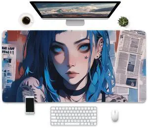 Large Anime Gaming Mouse Pad, Blue Hair Girl Design, Extended Size Desktop Mat, 31.5 x 15.7 inches, Non-Slip Base Large Anime Gaming Mouse Pad, Blue Hair Girl Design, Extended Size Desktop Mat, 31.5 x 15.7 inches, Non-Slip Base
