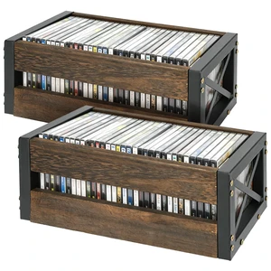 GLOMAXLY 2 Pack Wooden CD Storage Box Holder Shelf Retro Metal Frame CD Storage Rack Farmhouse DVD Storage Cabinet Shelf Display Racks for Movie Cases, DVDsDesktop Game Disc and Media Collection GLOMAXLY 2 Pack Wooden CD Storage Box Holder Shelf Retro Metal Frame CD Storage Rack Farmhouse DVD Storage Cabinet Shelf Display Racks for Movie Cases, DVDsDesktop Game Disc and Media Collection