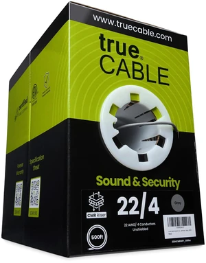 TRUE CABLE 22/4 AWG Sound & Security Speaker Wire, Unshielded Stranded Pure Copper Bulk Cable, CMR/CL3R Riser in-Wall, UL13 300V, Gray, 500ft TRUE CABLE 22/4 AWG Sound & Security Speaker Wire, Unshielded Stranded Pure Copper Bulk Cable, CMR/CL3R Riser in-Wall, UL13 300V, Gray, 500ft