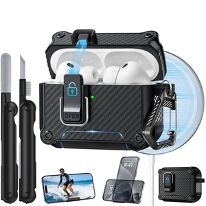 Dual Safety Lock for AirPods Pro 3 Case 2025, Compatible with MagSafe - Designed with Automatic Switch and Phone Stand, Includes a Cleaner & Keychain - Rugged Tough Hard Shell Dual Safety Lock for AirPods Pro 3 Case 2025, Compatible with MagSafe - Designed with Automatic Switch and Phone Stand, Includes a Cleaner & Keychain - Rugged Tough Hard Shell