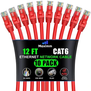 Maximm Cat6 Ethernet Cable 12 Ft, 10 Gbps 550 MHz, Red, 10 Pack Maximm Cat6 Ethernet Cable 12 Ft, 10 Gbps 550 MHz, Red, 10 Pack