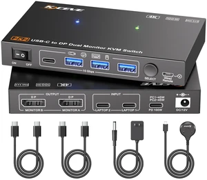 USB C KVM Switch 2 Monitors 2 Laptops Dual 4K@60Hz External Display Output, MST USB-C Docking Dual Monitor KVM ^^10Gbps USB Transfer, 100W PD Charging, 2 USBC Cable(40Gbps) and Wired Remote Included USB C KVM Switch 2 Monitors 2 Laptops Dual 4K@60Hz External Display Output, MST USB-C Docking Dual Monitor KVM ^^10Gbps USB Transfer, 100W PD Charging, 2 USBC Cable(40Gbps) and Wired Remote Included