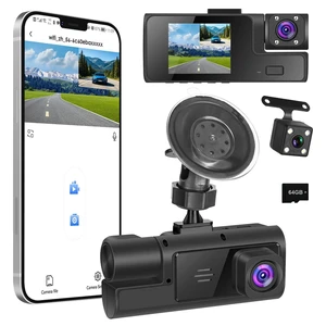 1080P FHD 3 Channel Car Dash Cam, Front Rear and Inside Dash Camera with Loop Recording, Motion Detection, Reversing Visual, 170 Wide Angle, 64G Card Included 1080P FHD 3 Channel Car Dash Cam, Front Rear and Inside Dash Camera with Loop Recording, Motion Detection, Reversing Visual, 170 Wide Angle, 64G Card Included