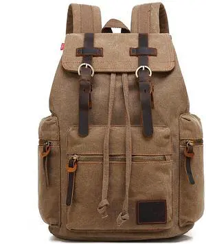 HuaChen Vintage Canvas Backpack with Leather Accents, Casual Daypack Travel Rucksack for Men Women,School College Hiking Camping M32-Brown