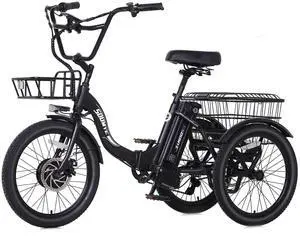 Electric Tricycle for Adults,20" Folding Electric Trike,3 Wheels Electric Bicycle Bikes, 350W Step-Thru Etrike with 374WH Removable Battery and Large Basket for Women Men Black