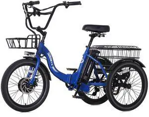 Electric Tricycle for Adults,20" Folding Electric Trike,3 Wheels Electric Bicycle Bikes, 350W Step-Thru Etrike with 374WH Removable Battery and Large Basket for Women Men Blue