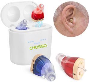 Chosgo K19RC Rechargeable CIC Hearing Aids for Seniors with Noise Cancelling, Hearing Amplifiers for Ear with Portable Charging Case(Red&Blue)