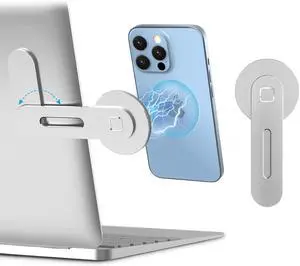 imluckies magnetic Laptop Phone Holder, Adjustable Computer Monitor Side Mount Clip Compatible with iPhone 16 15 14 13 12 Series & MagSafe Case & All Phones, Portable Foldable Computer Bracket, Silver