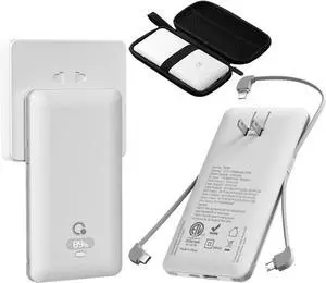 Brand Q 10000mAh Portable Charger with Built-in Cables and AC Wall Plug, USB C Fast Charging Power Bank with 3 Cords,5 Output External Battery Pack Compatible with iPhone,Tablet and All Smart Phones
