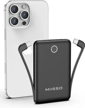 miisso 10000mAh Slim Portable Charger with Built in Cable, Power Bank Travel Charger External Battery Pack for Phone, 3 Output USB Type C Cord Clutch Charger Compatible with iPhone, Black