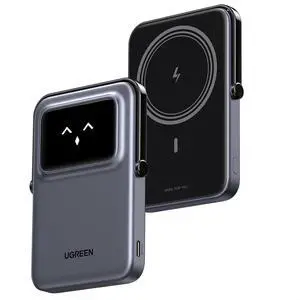 UGREEN Uno Magnetic Power Bank, Wireless Portable Charger, 20W Fast Charging Battery Pack with Foldable Stand and TFT Display 5000mAh for iPhone 16/15/15 Plus/15 Pro/15 Pro Max/14/13/12 Series, Black