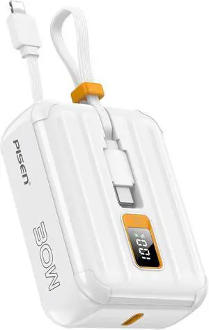 PISEN 10000mAh Portable Power Bank - Fast Charger with Built-in USB Cables, 30W High Speed Charging USB C Battery Pack, Mini LED Display Powerbank for iPhone 16/15/14/13/12 Pro/Pro Max/Plus (White)