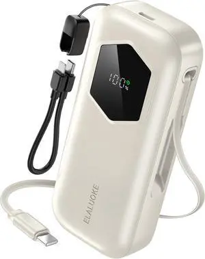 2025 Latest Portable Charger Power Bank 10000mAh 35W Super Fast Charging with Built-in Retractable PD Cable, USB-C 2 Input/Output External Battery Pack for iPhone/Samsung/Android/iPad/MacBook (White)