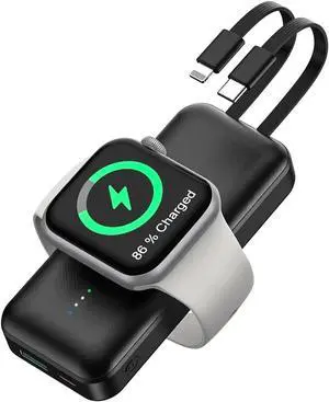 Portable Apple Watch Charger, 10000mAh Mini Power Bank for iWatch,Fast Charging Phone Charger with Built in Cable,Compatible with Apple Watch 9/Ultra/8/7/6/Se/5/4/3/2/iPhone14/13/12/11/ iPod/Samsung