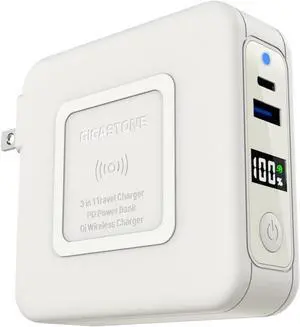 Gigastone 3 in 1 Qi Wireless PD Power Bank with AC Plug Class A Battery 10000mAh Capacity, USB-C PD 3.0 20W, USB-A QC3.0 18W, Qi 15W Wireless, Compatible with iPhone, Android Phones. Global Voltage