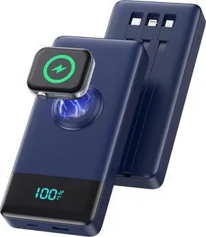 Portable Charger with Built-in Cables and iWatch Charger,10800mAh QC4.0+PD Fast Charging USB C Power Bank,6 Outputs Travel Battery Pack Compatible with iPhone 16/15/14/13/12,Apple Watch(Deep Blue)