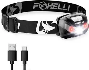 Foxelli USB-C Rechargeable LED Headlamp  Super Bright, Lightweight Head Lamp for Running, Camping, Hiking & Work  Comfortable Fit for Adults & Kids