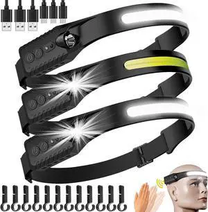 najiaxiaowu Rechargeable LED Headlamp 3 Packs,COB230° Wide Light Headlamp, 5 Modes of Lightweight Headlamps with Motion Sensors, Type-C USB Charging Headlamps,Suitable for Night Running