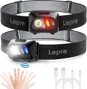 Lepro PR320017-a-2 Rechargeable Headlamp with Motion Sensor - 1500Lux LED Head Lamp with Red Light for Outdoor Activities, 2 Pack