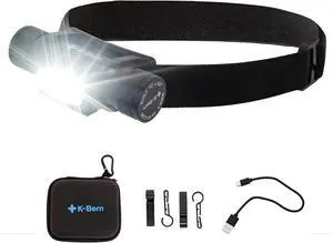 K-Bern Rechargeable Headlamp - 1850 Lumen, Ultra Bright Head Lights for Forehead. Waterproof, Lightweight, Aluminum, UL Listed 3500mAh Battery, Perfect for Dog Walking, Camping, Hiking & Hard Hats
