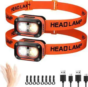 DARKBEAM LED Headlamp High Lumens USB Rechargeable Dual Light Headlight for Hardhat with Motion Sensor, Red Warning Light Up/Down Adjustable, Waterproof Head Lamps for Camping, Car Maintenance, 2 Pack