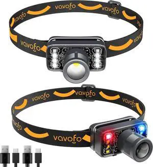 VAVOFO 2-Pack LED Headlamp Flashlight, 500 Lumen Rechargeable Waterproof Outdoor Headlight with Bright White +Red Light, Stepless Dimming, Lightweight, Adjustable Headband, 5 Modes for Camping