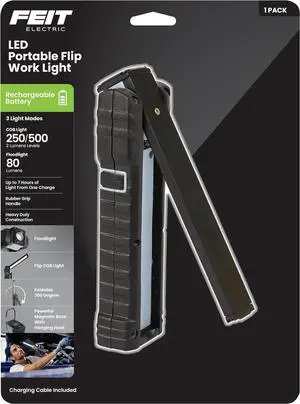 Feit Electric Compact Handheld LED Work Light Flashlight with 250/500 Lumens Ultra Bright, Magnetic Base, Hanging Hook, 6500K Daylight, Foldable and Rechargeable Handheld Flood Light - WORK500BAT