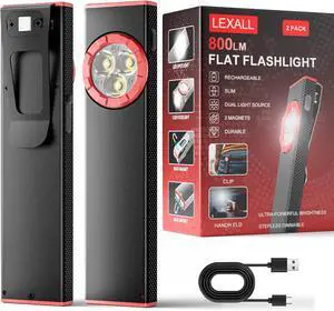 lexall EDC Flashlight, 2 Pack 800Lumen Rechargeable Pocket Flat Flashlight, Magnetic LED Flashlight with Clip, Dimmable Mini Area Light for Car Repairs/Inspection/Travel/Emergency/Camping