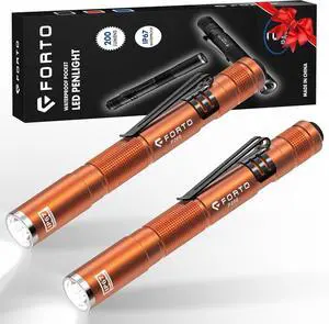 FORTO LED Pen Light, 200 Lumens Pocket Flashlight, IP67 Waterproof, 2 Modes, 2 Pack with AAA Batteries, Lightweight & Durable for Inspection, Medical Use, Emergency(Orange)