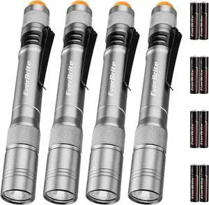 EverBrite Pen Light, 100LM Pocket Flashlights, Aluminum LED Pen Flashlights with Clip, 8 AAA Batteries Included, Pocket Flashlight for Camping, Emergency, Mechanic, Pack of 4, Gray