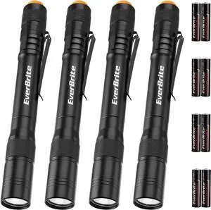 EverBrite Pen Light, 100LM Pocket Flashlights, Aluminum LED Pen Flashlights with Clip, 8 AAA Batteries Included, Pocket Flashlight for Camping, Emergency, Mechanic, Pack of 4, Black