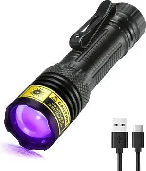 DARKDAWN UV Flashlight 395nm Black Light Mini USB Rechargeable Ultraviolet LED Blacklight Woods Lamp Powerful Fluorescent Portable Detector for Pet Urine Stains, Scorpions, Resin Curing