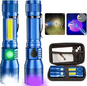 AdamStar Black Light Flashlights, 3-in-1 UV Flashlight with Clip, Magnetic Base, COB Light, Tactical Rechargeable Flashlight, High Lumens 7 Modes LED Flashlight 2pack with case - Blue