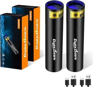 DARKBEAM UV Flashlight 365nm Woods Lamp USB Rechargeable Portable Blacklight LED Ultraviolet Light Mini, Detector for Pet Urine, Stains, Uranium Glass, Money, Amber 370nm, 2 Pack