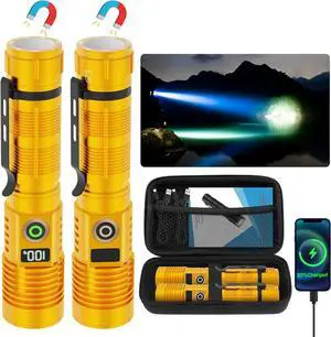 Rechargeable Flashlight High Lumens-Super Bright Magnetic Flash Light with Power Digital Display, Long Range,Dimmable,Waterproof,Pocket LED Flashlights for Emergency Camping 2PC Gold
