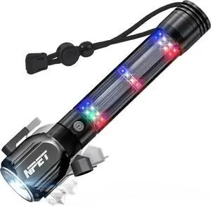 NPET T10-5 Solar Flashlight Car Flashlight Zoomable 1000 Lumens LED COB Light USB Rechargeable Tactical Multi-Function Torch Emergency Tool with Window Breaker Seat Belt Cutter Compass Siren